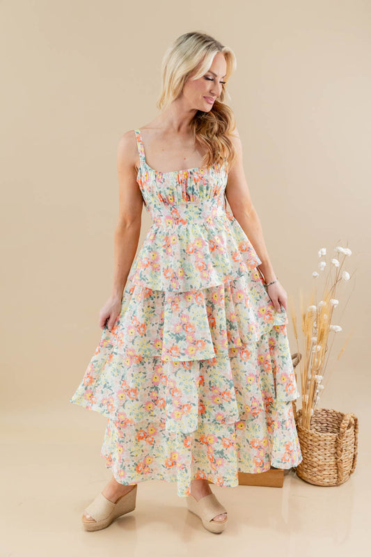 Morning Blossom Multi Floral Cotton Tiered Maxi Dress