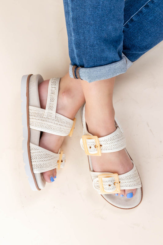 Feather Steps Big Buckle Raffia Sandals