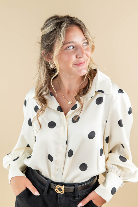 Sweet Spots Polka Dot Satin Feel Long Sleeve Blouse