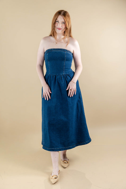 Indigo Breeze Strapless Denim A-Line Midi Dress