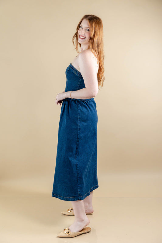 Indigo Breeze Strapless Denim A-Line Midi Dress