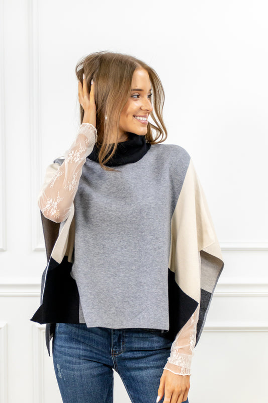 Silver Skies Colorblock Poncho Sweater