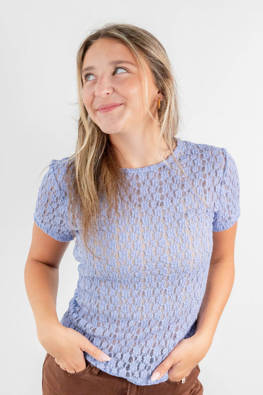 Textured Trends Sheer Floral Lace Short Sleeve Top
