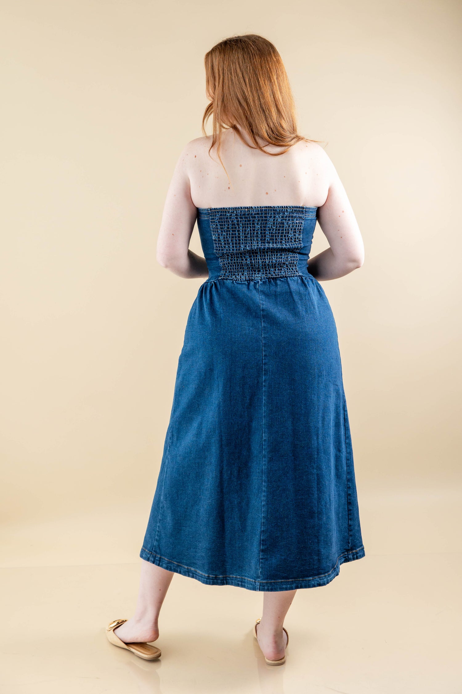 midi strapless denim dress Blue Ribbon Strapless Denim Midi Dress Shoppe Twelve Large / Dark Wash