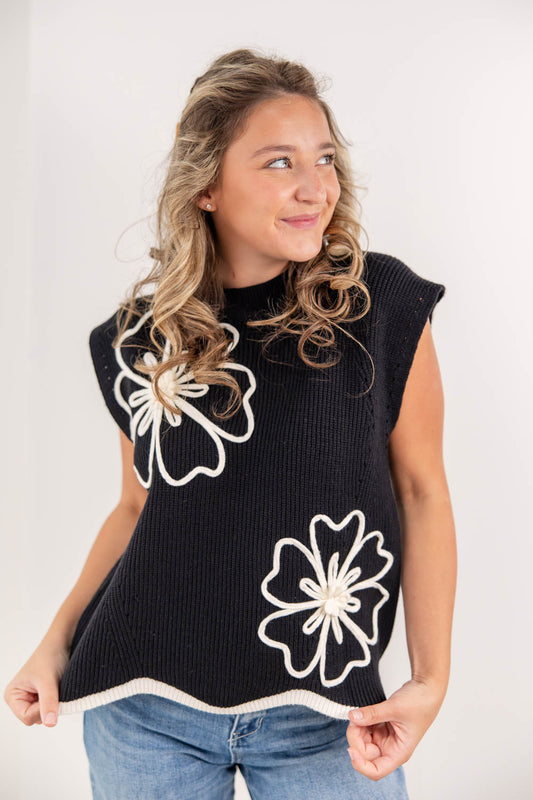 Floral Flair Embroidered Knit Scalloped Hem Sweater