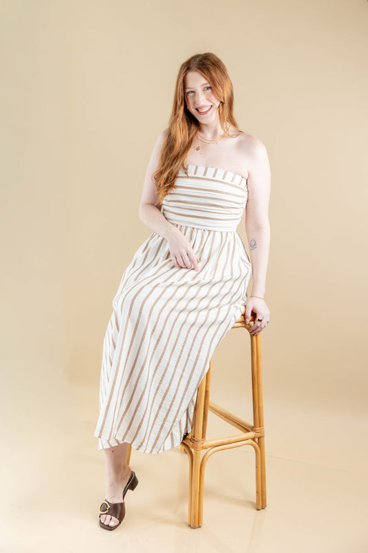 Sandy Stripes Taupe & White Striped Sleeveless Midi Dress