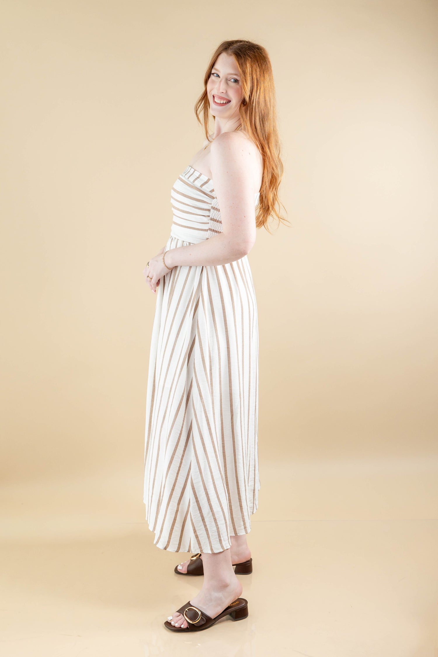 striped sleeveless midi dress Striped Sleeveless Button Front Midi Dress with Pockets