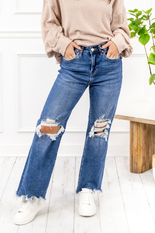 Bad Reputation Distressed Crop Flare Jeans (Dark Wash)