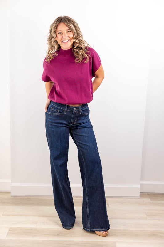 Trouble Maker Dark Wash Mid Rise Wide Leg Jeans