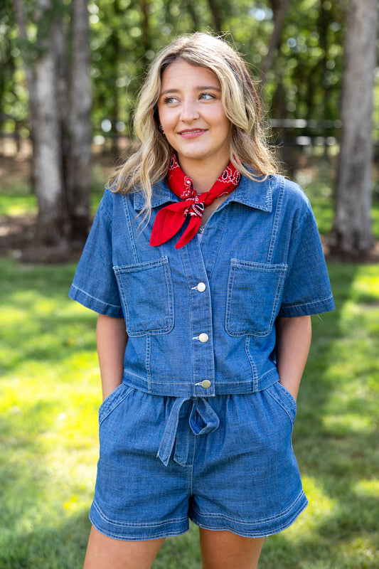 Blue Skies Babe Short Sleeve Denim Button Down Top