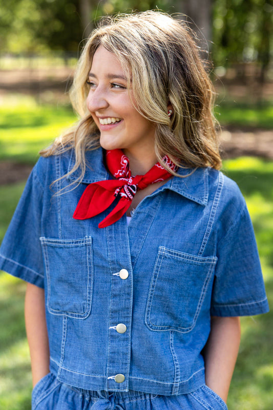 Blue Skies Babe Short Sleeve Denim Button Down Top