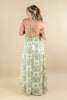 Green Goddess Floral Damask Print Open Back Maxi Dress