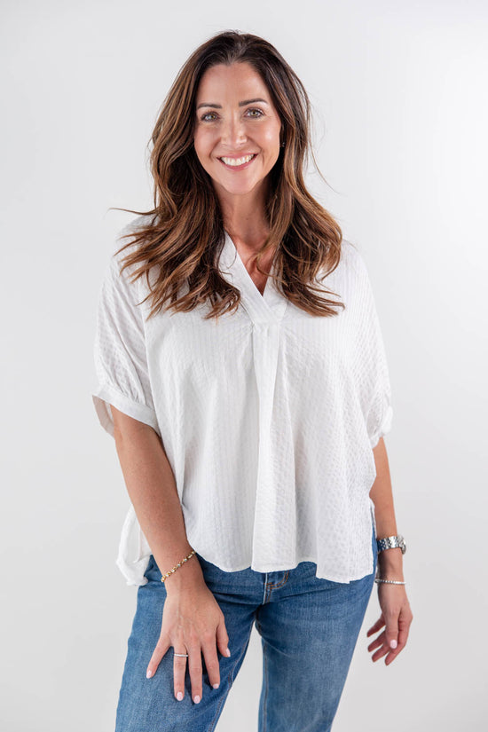 Textured Glam Oversized Cotton Blend V-Neck Blouse