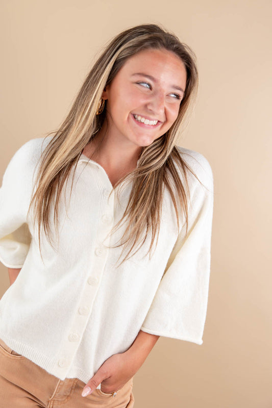 Chic Comfort Wool Blend Short Sleeve Button Down Top