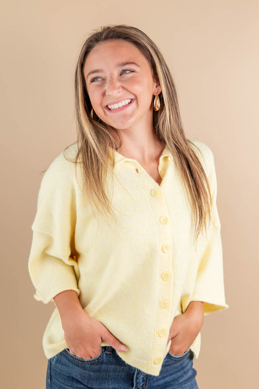 Chic Comfort Wool Blend Short Sleeve Button Down Top