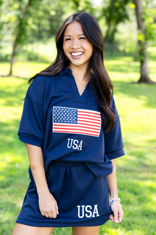 Stars the Limit USA Collared Top And Skirt Set