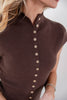 Feminine Flair Button Down Mock Neck Split Front Hem Top