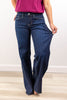 Trouble Maker Dark Wash Mid Rise Wide Leg Jeans