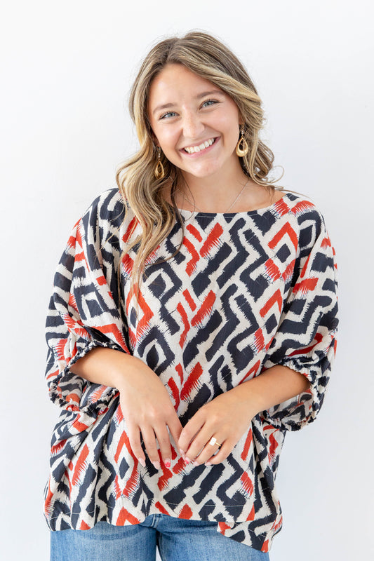 Shape Shifter Red & Navy Geometric Print Dolman Sleeve Blouse