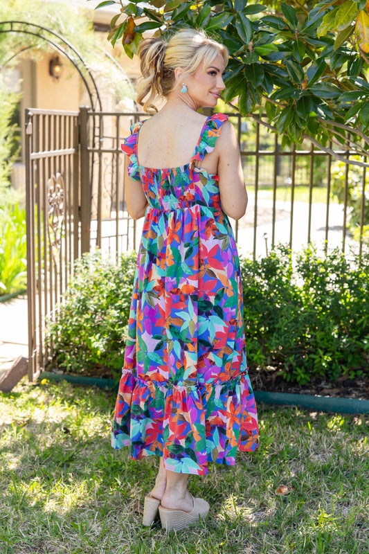 Neon Blossom Floral Print Midi Dress