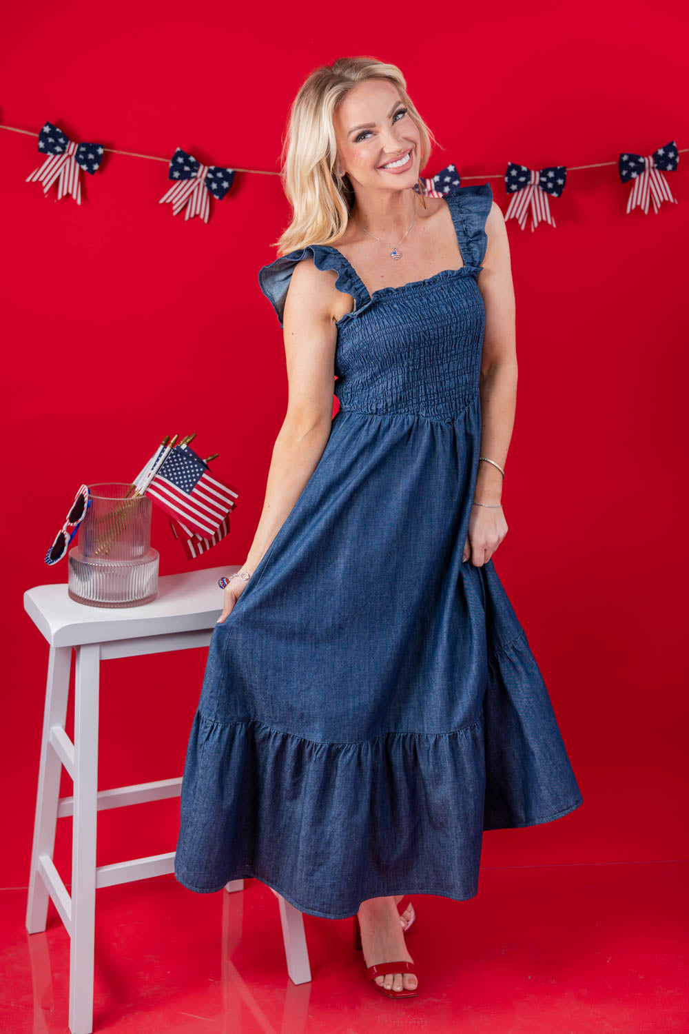 Blu Pepper Women's Smocked Denim Midi Dress - Blue - Casual dresses Blu Pepper Women's Smocked Denim Midi Dress - Blue - Casual dresses