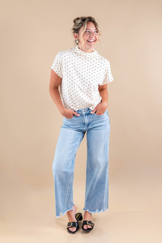 Soft Spots Polka Dots Short Sleeve Mock Neck Top