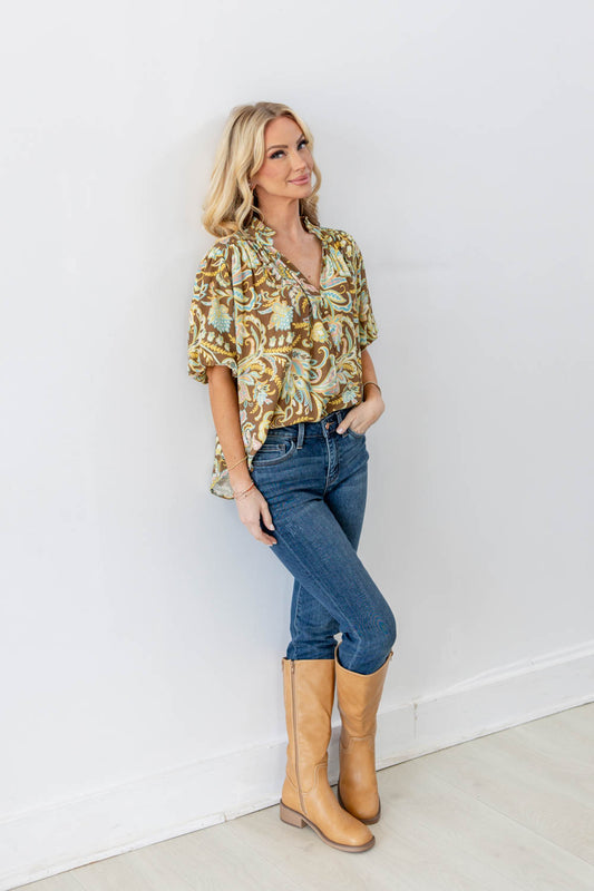 Vintage Charm Brown Paisley Floral Puff Sleeve Blouse