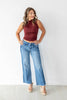Split Decision Mid Rise Two Tone Contrast Wide Flare Jeans