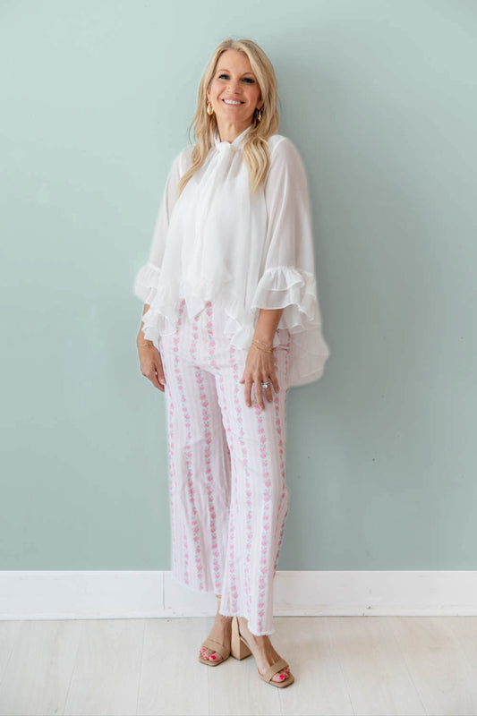 Dreaming in Ruffles Ruffle Trim Tie-Neck Sheer Blouse