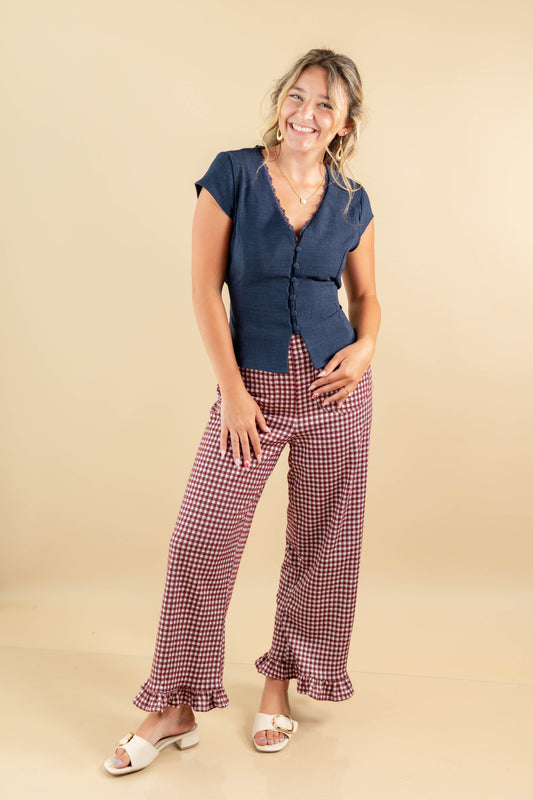Ruffle Trouble Gingham Print Straight Leg Pants