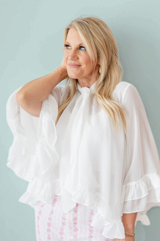 Dreaming in Ruffles Ruffle Trim Tie-Neck Sheer Blouse
