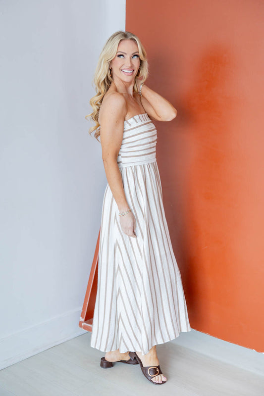 Sandy Stripes Taupe & White Striped Sleeveless Midi Dress