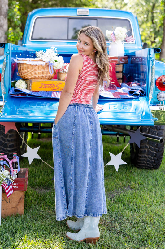 Howdy Honey Vintage Wash A-Line Denim Midi Skirt