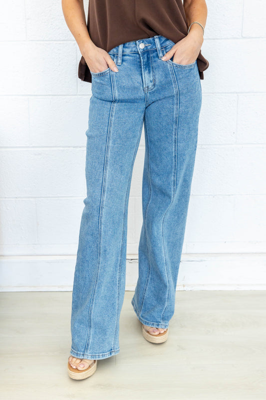 Clean Slate Vertical Seam Detail Wide Leg Jeans