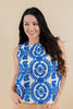 Sweet Stitching Blue Medallion Print Cotton Sleeveless Scallop Trim Top