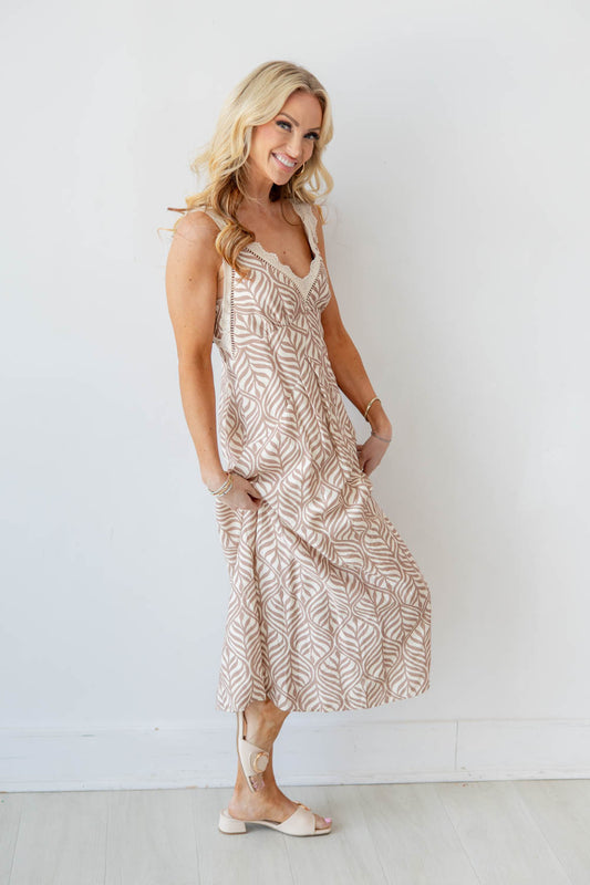 Neutral Oasis Lace Trimmed V-Neck Botanical Print Dress