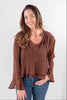 Sweet Ties Long Sleeve Tiered Ruffle Trim Sheer Blouse