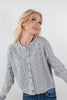 A blonde woman wearing a light gray textured pointelle knit cardigan with brown buttons and blue jeans, photographed against a plain light gray studio background.