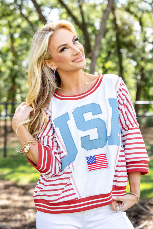 USA Sunshine Red & White Striped Varsity Pullover