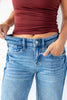 Split Decision Mid Rise Two Tone Contrast Wide Flare Jeans