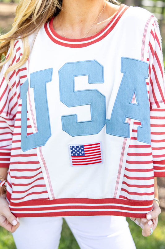 USA Sunshine Red & White Striped Varsity Pullover