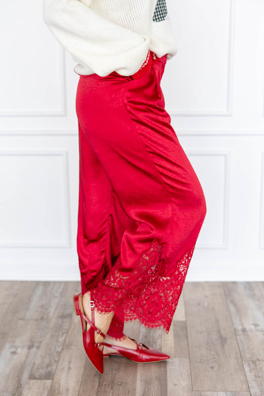 Luxe Romance Lace Trim Satin Wide Leg Pants