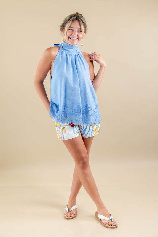 Dream Girl Baby Blue Lace Trim Halter Top
