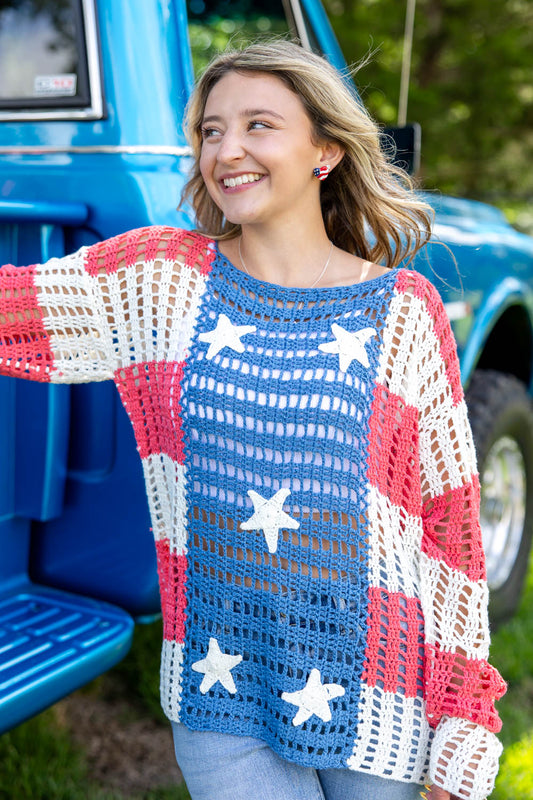 Born to Shine American Flag Open Knit Crochet Top