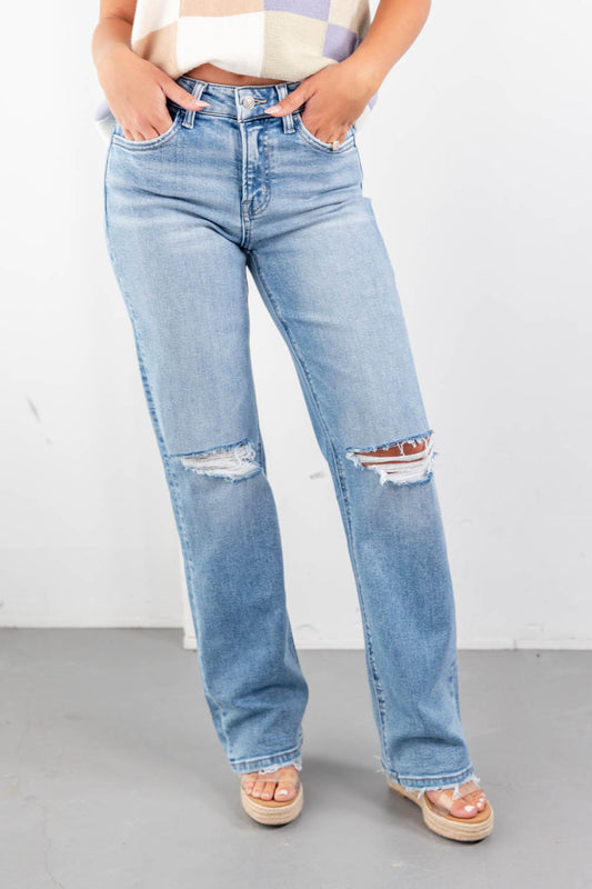 On Repeat Distressed Slim Wide Jeans
