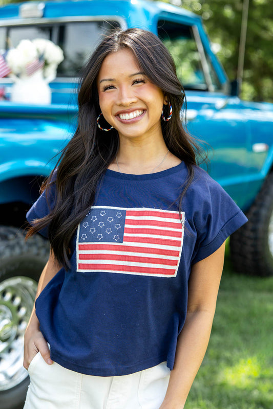 American Flag Patch Graphic Crewneck Tee