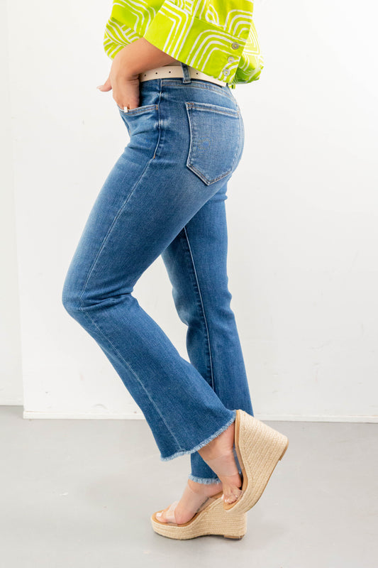 Leading Lady Comfort Stretch Frayed Hem Kick Flare Jeans