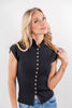 Feminine Flair Button Down Mock Neck Split Front Hem Top