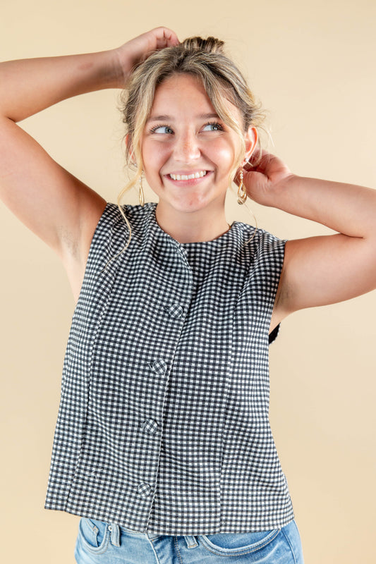 Tailored Charm Gingham Button Down Tank Top