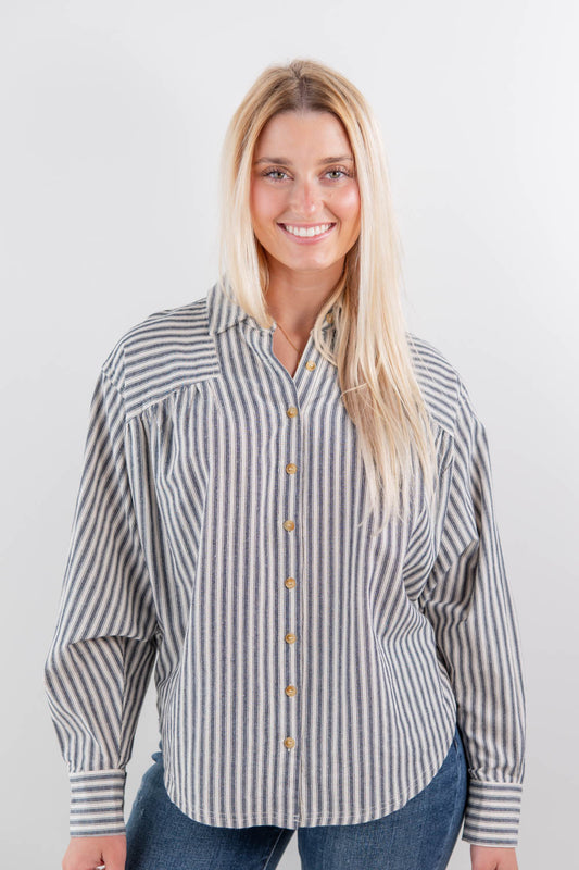 Fresh Perspective Striped Cotton Blend Dolman Long Sleeve Button Down Top